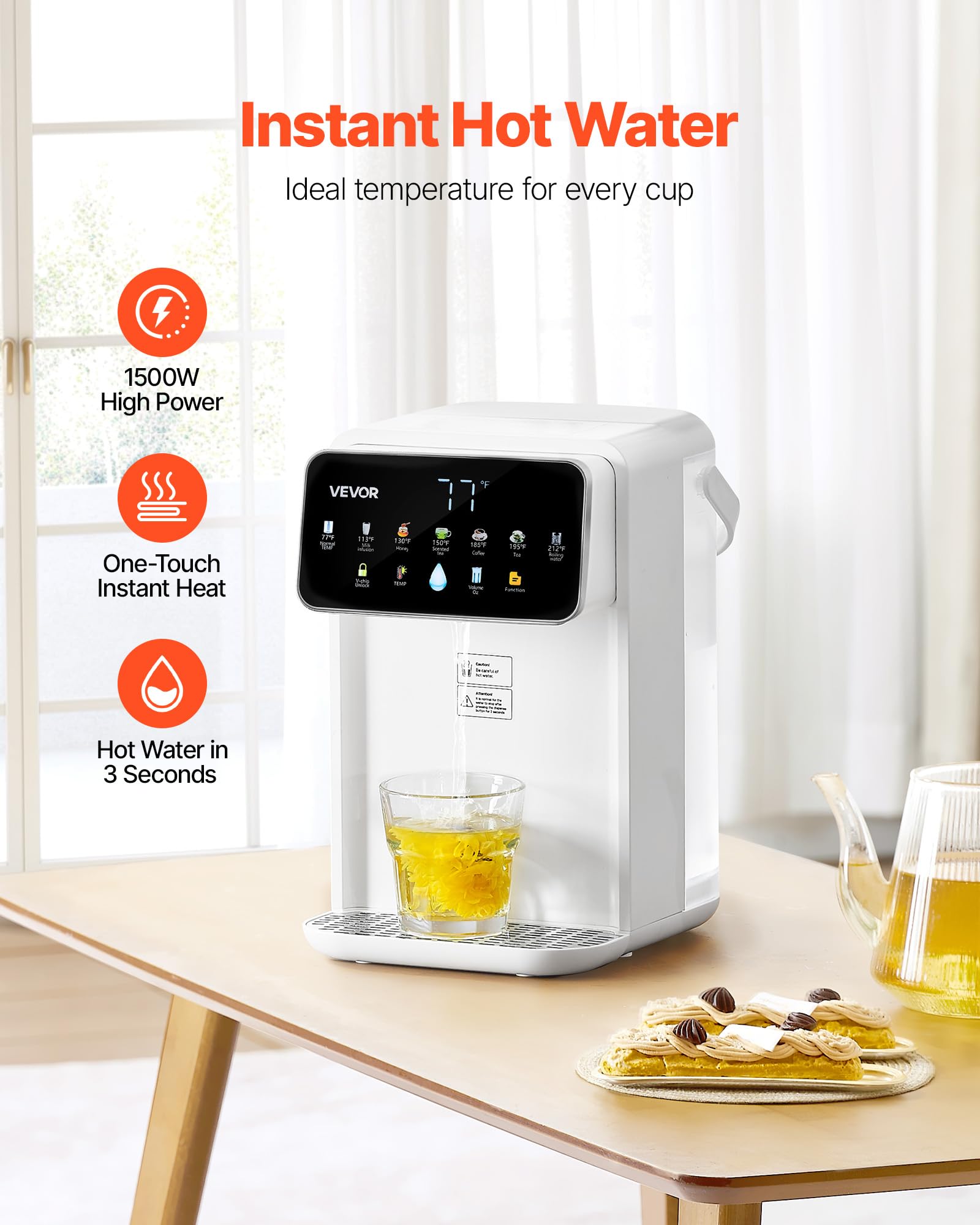 VEVOR Instant Hot Water Dispenser, Countertop Boiling Water Dispenser with Adjustable 7 Temperatures & 7 Water Volumes, 118oz Re